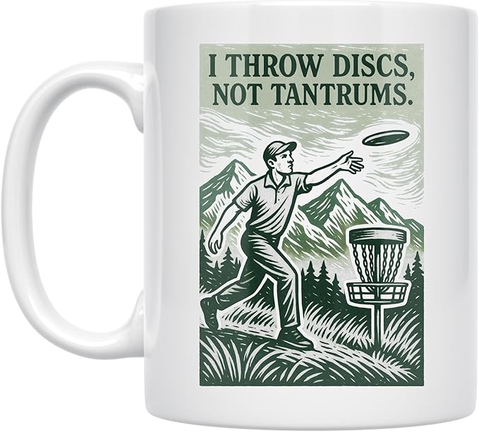 Disc Golf Aesthetic - Players - 11 oz White Ceramic Coffee Mug - Retro Mountain Print
