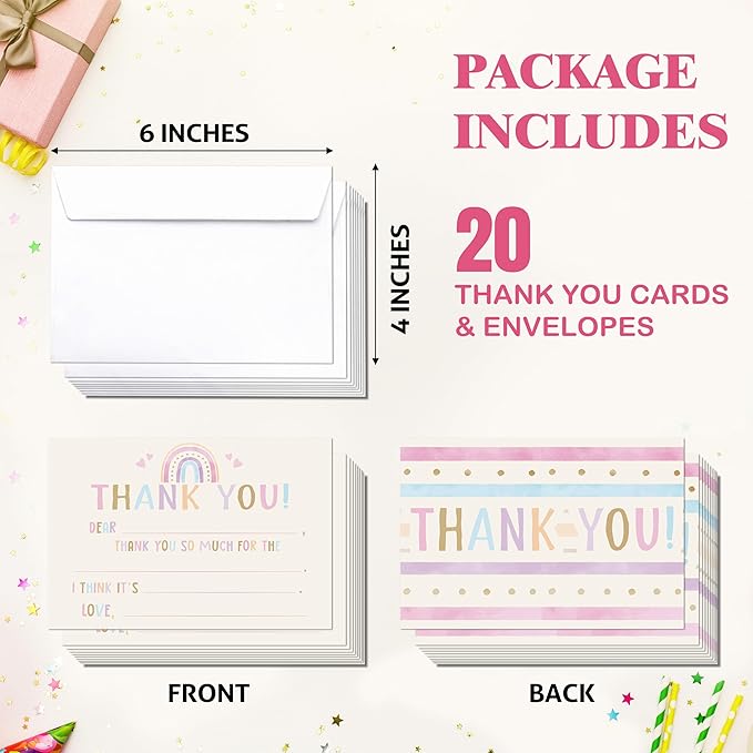 Boho Kids Thank You Cards, Rainbow Thank You Card For Baby Shower Birthday Party, Kids Fill In The Blank Birthday Cards, 20 Pack Cards With Envelopes For Boys Girls, 016