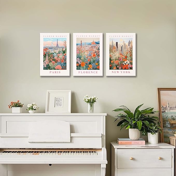 XLARTMY Flower Market Wall Art Prints Canvas Orange and Pink Floral Paintings Colorful Botanical Travel Flower Posters for Home Decor Pictures Set of 3 for Living Room Bedroom 16x24in