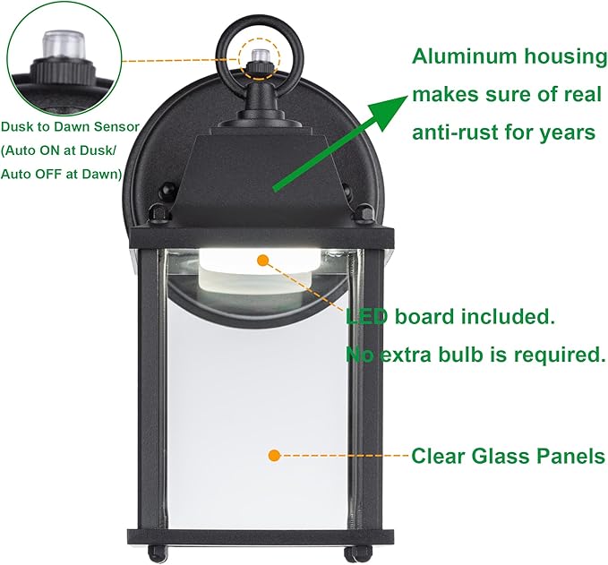 LIT-PaTH Small Outdoor LED Wall Lantern with Dusk to Dawn Photocell, 3000K Warm White, 9.5W, 800 Lumen, Aluminum Housing Plus Glass, Outdoor Rated, 1-Pack, Black