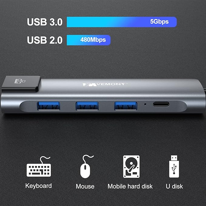 VEMONT 5 in1 USB C hub, Type-c multiport Adapter with Gigabit Ethernet, 3 USB 3.0 hub for Data, 100W Power Delivery, USB hub for Laptop MacBook or ipad, and Other USB C Devices
