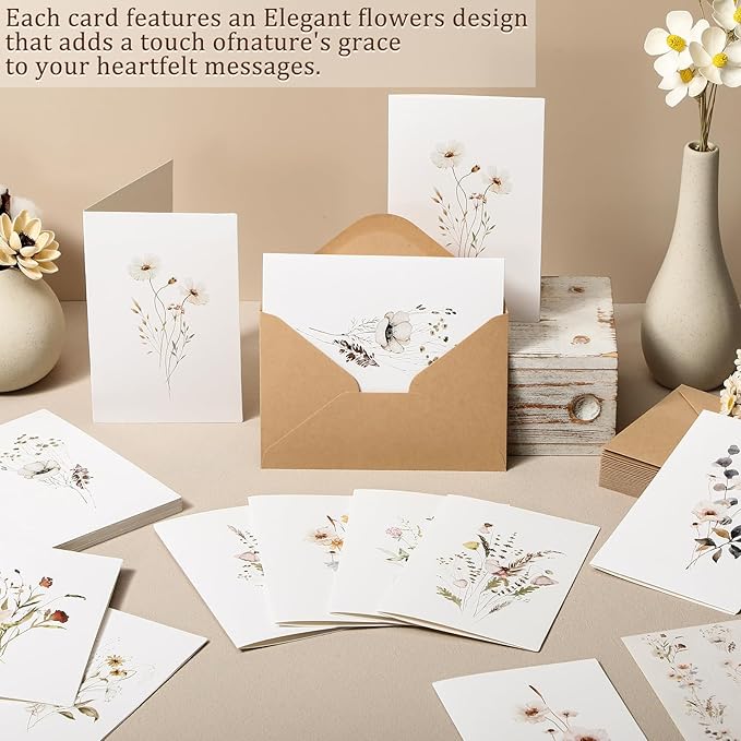 50 Pcs Blank Greeting Cards 4x6, Elegant Floral Design Blank Cards with Envelopes, 10 Designs, Ideal Stationary Set for All Occasions, Stationary with Matching White Envelopes and Stickers