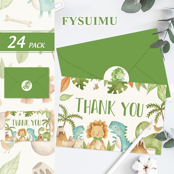 24 Pack Dinosaur Thank You Cards Bulk Cute Cartoon Greeting Cards with Envelopes Stickers Blank Note Cards for Birthday Baby Shower Party Supplies, 4 x 6 Inch