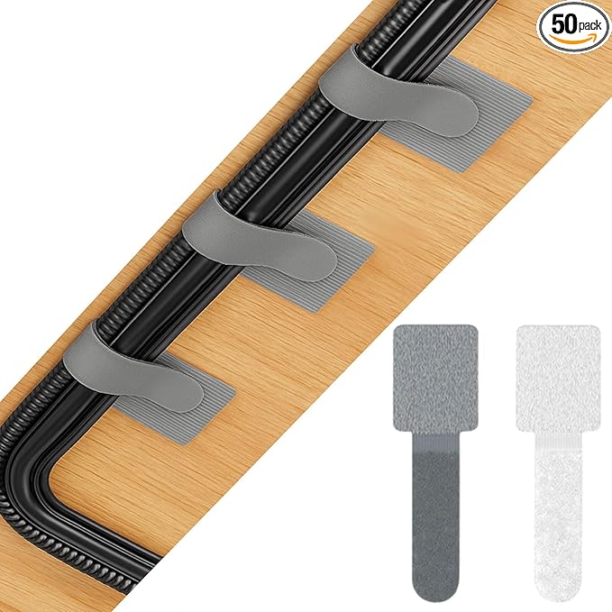 Hook and Loop Cable Straps, Cable Management Under Desk, Adjustable Cord Organizers for Desk, Self Adhesive Cable Ties, Cable Clip,Home Office Essentials, 50PCS (Black+Grey)