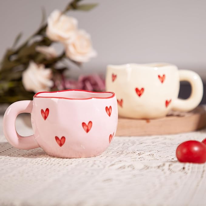 4pcs Cute Ceramic Coffee Mug, 9.4OZ Pink Yellow Porcelain Tea Mugs, Ceramic Hearts Cup Sets for Matcha, Dishwasher & Microwave Safe, Gift for women(Love)