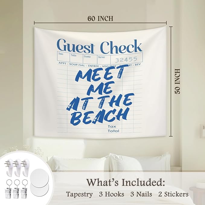 STHTTSW Meet Me at the Beach Tapestry, Trendy Coastal Tapestries Wall Blanket, Blue Typography Ocean Wall Hanging Decor for Beach Bedroom House Cabin Kitchen Living Room, 50x60 Inch