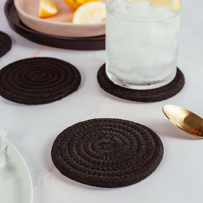 OrganiHaus Drink Coasters Set of 6, Absorbent Cotton Woven Cup Coasters, Rustic Farmhouse Boho Decor for Coffee Table and Drinks Protection, Cute Coaster for Drinks, Coaster for Office Desk - Black