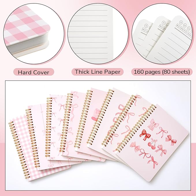 8 Pack Pink Bow Spiral Notebooks, Cute Coquette Preppy Journal A5 Aesthetic Notebook Christmas Gifts for Women, Ruled Bowknot Coquette Stuff Pink Bow Bible Journal 5.5 x 8.3 Inch