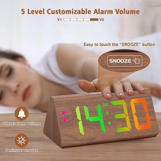 Wooden Digital Alarm Clock with Dual USB Charging Ports, DST, Dimmable, Snooze, RGB Colors, Modern Large Time Display LED Clock for Kids Bedrooms, Living Room, Desk, Table, Bedside, Nightstand (Brown)