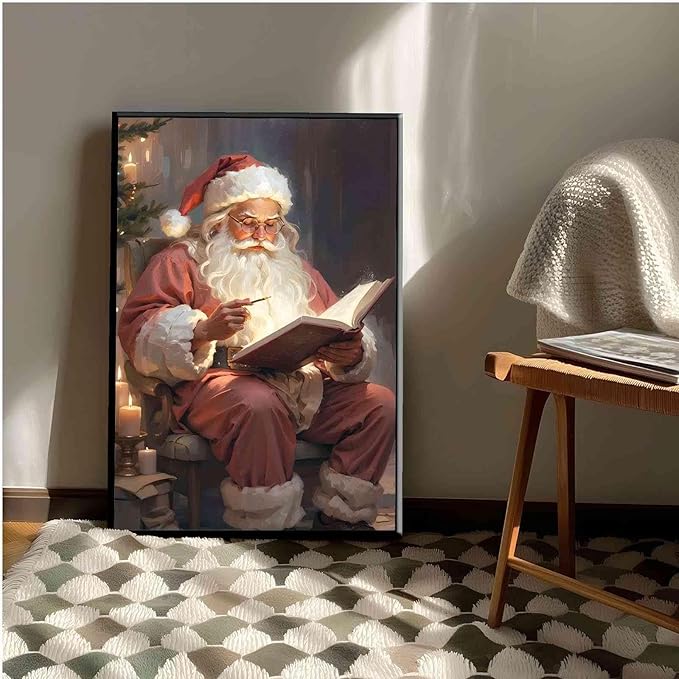 Framed Canvas Wall Art Vintage Christmas Wall Art Santa Writing Book Oil Painting Cottagecore Decor Academia Christmas Decor Winter Print 8x12in Metal blackFramed
