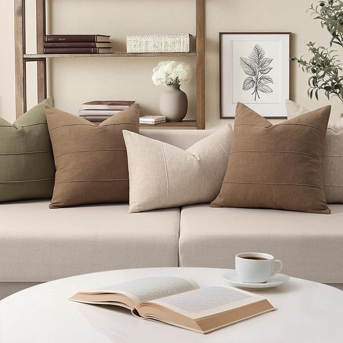 ZWJD Decorative Linen Throw Pillow Covers 16x16 Set of 2 Solid Handcrafted Striped Cushion Covers for Bed Soft Modern Farmhouse Neutral Pillowcase for Couch Bedroom Living Room Home Decor(Coco Brown)