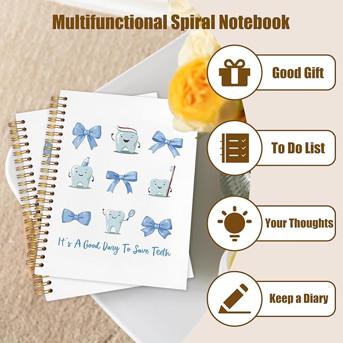 WUCHJ Dentist Gifts Notebook, Dental Hygienist Gifts Journal, Coquette Blue Bow Cute Tooth Spiral Notebook Journal for Note Taking, Dentist Office Supplies, 5.5x8.3 Inch