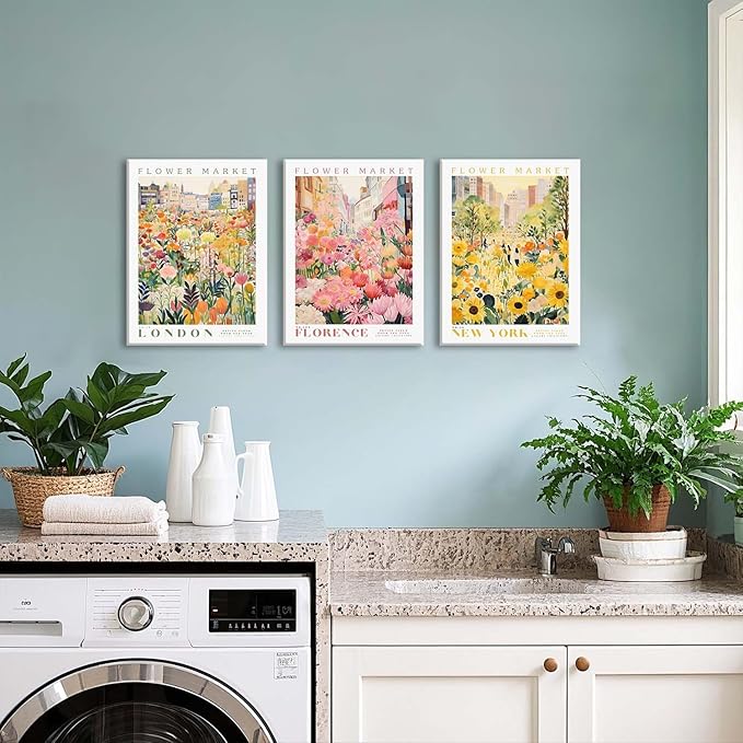 XLARTMY Flower Market Wall Art Print Canvas Framed Yellow Pink Floral Paintings Colorful Botanical Sunflower Artwork Travel Poster for Decor Picture 3 pieces for Living Room Bedroom Bathroom 12x16in