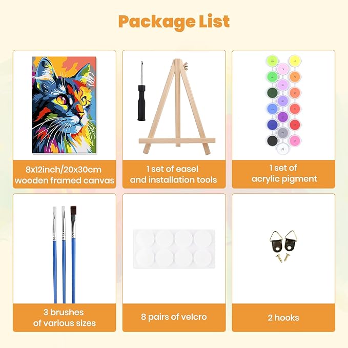 MXJSUA Colorful Cat Framed Paint by Numbers for Adults Beginners, Easy Adults' Paint-by-Number Kits on Canvas with Easel, Animal Acrylic Number Painting Crafts Kits Gifts for Home Decor, 8x12inch