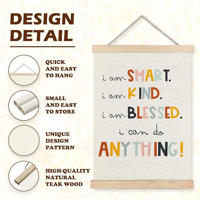 LUVADIAN Positive Affirmations for Kids, Kids Wall Decor, I am Smart Kind Blessed Motivational Poster Hanger Frame Wall Art for Classroom Playroom Nursery Girl Boy Room, 12x16 Inches