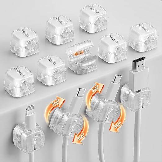 12Pack Rotatable Cord Organizer,Spring Cable Clips Desk Cable Management Cord Holder Adhesive Phone Charger Cord Clips for Home Office Car Wall Nightstand Accessories Clear