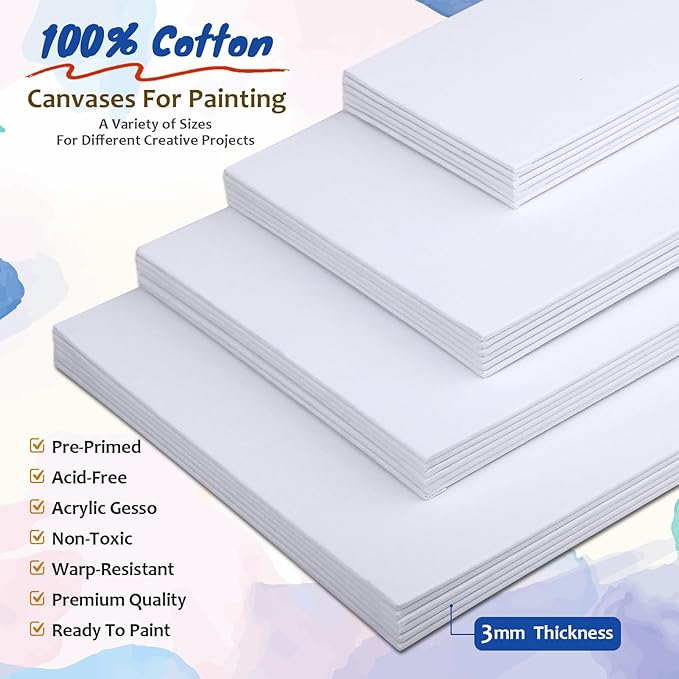 24-Pack Canvas Boards for Painting, 6 of 5x7 8x10 9x12 11x14 Canvas Panels for Kid & Adults 100% Cotton Gesso Primed Art Painting Supplies for Acrylic, Oil, Tempera & Watercolor
