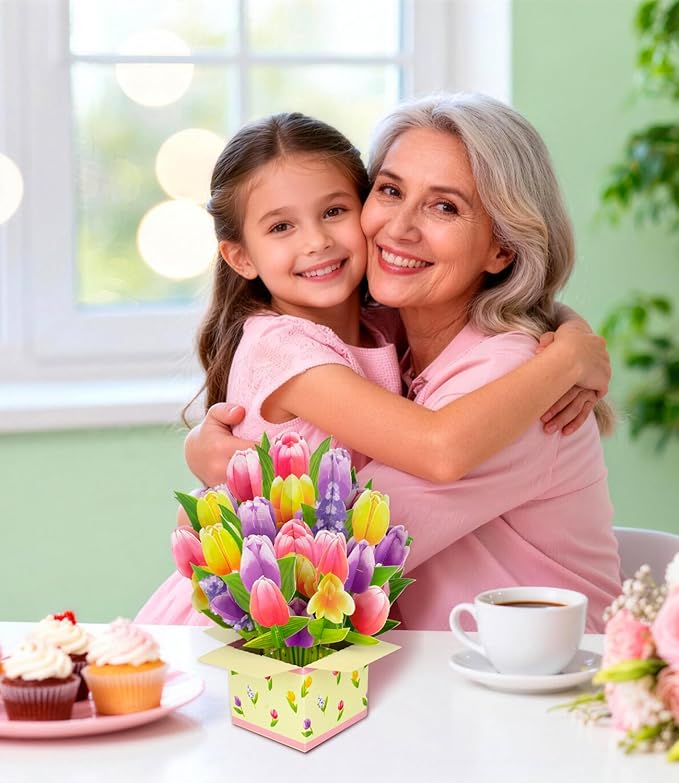 Colorful Tulip 3D Pop Up Spring Greeting Card for Mother’s Day Birthday Easter Anniversary Thank You Sympathy Get Well, Handmade Floral Bouquet for Mom, Grandma, Wife, Teacher, with Envelope and Blank Note Card
