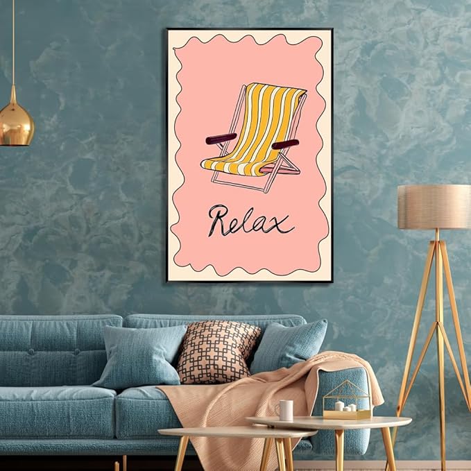 Metal Black Frame Abstract Pink Yellow Ocean Coastal Beach Chair Wall Art Trendy Summer Relaxing Seaside Canvas Prints Painting Aesthetic Preppy Decor Picture for Living Room Decoration 24x36inch