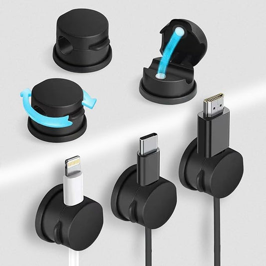6pcs Magnetic Cord Organizer, 360° Swiveling Adhesive Cable Clips - Compact Cord Holder for Nightstand, Desk, Car, Kitchen & Home Office - Charger Holder Management Solution by MarLigavid (Black)