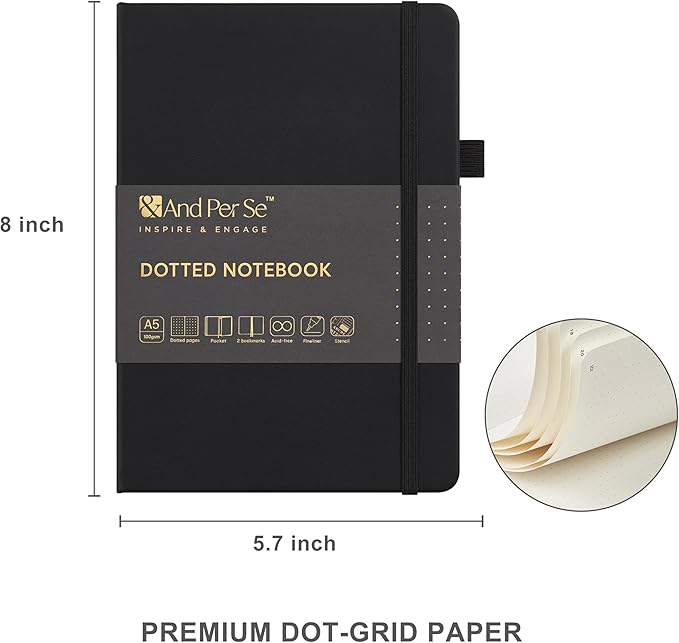 &And Per Se Bullet Dotted Journal Kit, A5 Hardcover Dotted Journaling Set (Black), 6 Fineliner Pens, 8 Sticker & 5 Stencil Sheets, 6 Washi Tapes with Giftable Box