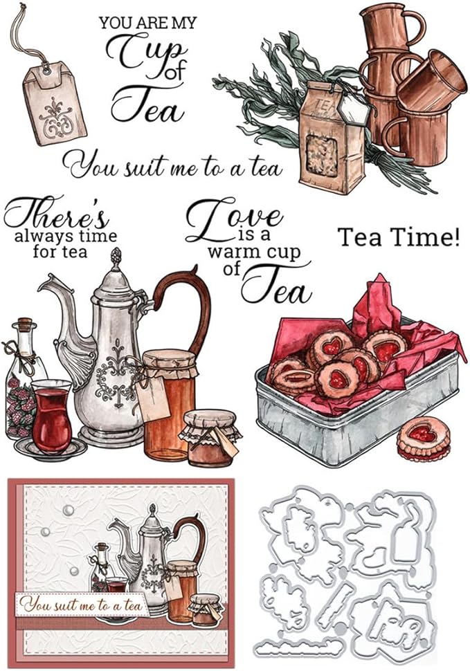 Teapot Cup Biscuits Stamps and Cutting Dies for Card Making DIY Transparent Silicone Clear Stamp and Metal Die Cuts Sets for Scrapbooking Paper Greeting Cards Decor Seals Craft Supplies