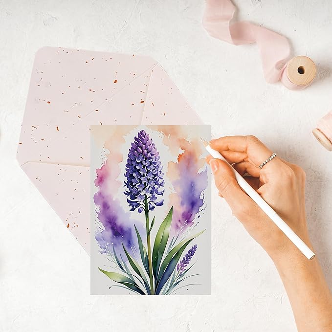 Elegant Blank Inside Greeting Card with Envelope, 5x7 Inch Watercolor Hyacinth Card – All Occasion, Birthday, Sympathy, Thank You - Single Card