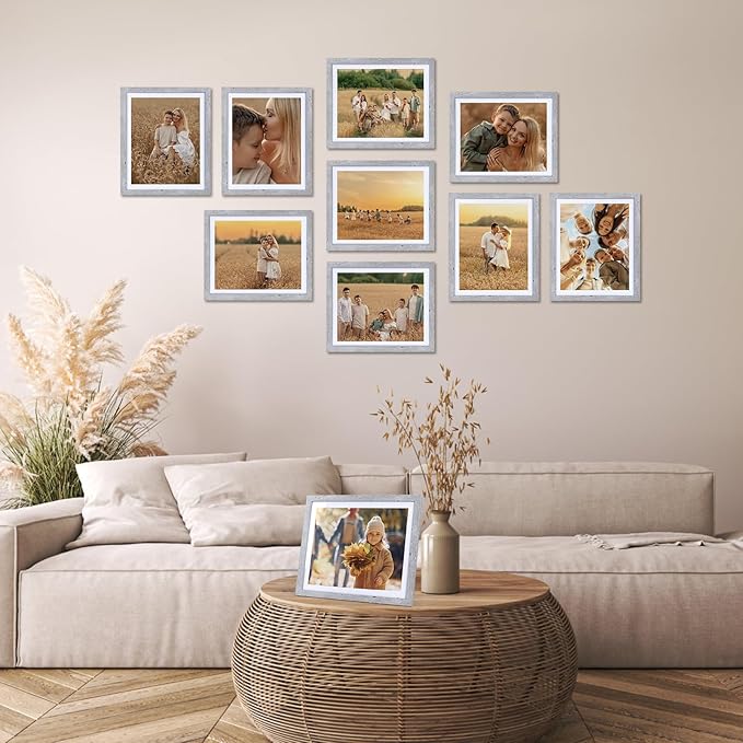 Lyeasw 8x10 Picture Frame Grey Set of 15, Display Pictures 8x10 with Mat or 9x11 without Mat, Multi Photo Frames for Wall or Tabletop