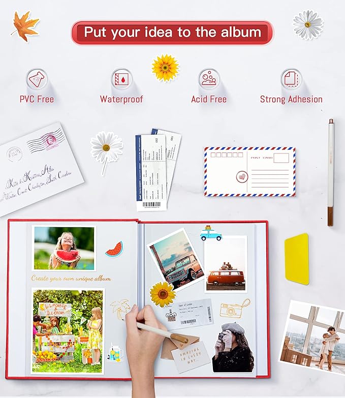 popotop Photo Album Self Adhesive with Picture Display Window,40 Pages DIY Scrapbooking Supplies Kit for 4x6 10x12 Picture,Linen Cover Memory Book for Baby Wedding, with Scraper and Metallic Pen
