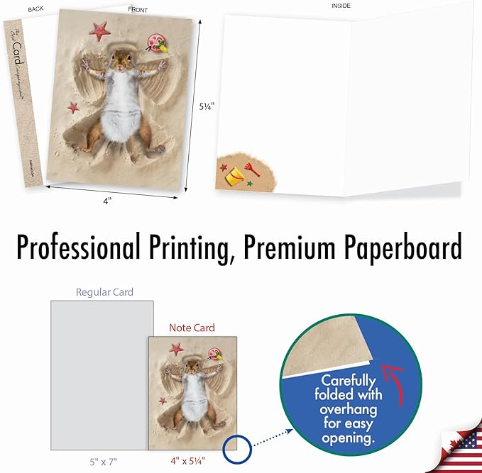 The Best Card Company - 20 Bulk Box Animal Note Cards Blank (4 x 5.12 Inch) - Funny Wildlife Assorted Notecard Pack with Envelopes (10 Designs, 2 Each) - Sand Angels AM6844OCB-B2x10