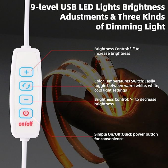 LED Strip Lights 5V USB COB LED Lights 1.64ft 320LEDs Flexible Cuttable USB TV Backlight Three Colors Dimmable Under Cabinet Tape Light with adhensive for Bedroom Home DIY Lighting Room Lights