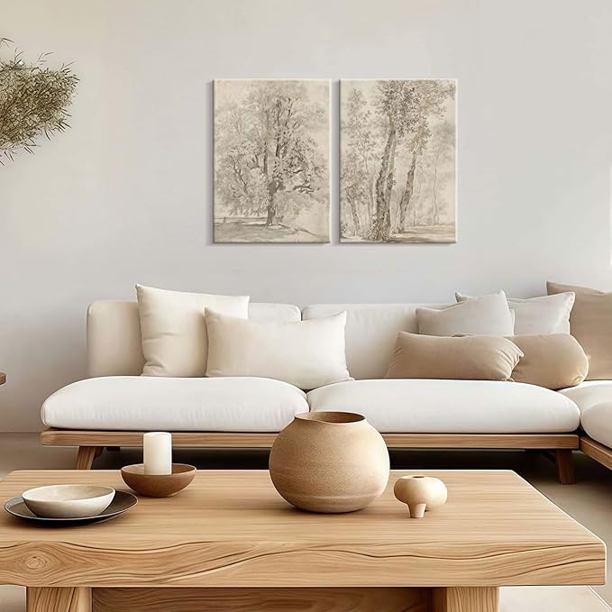 2pcs Framed Vintage Trees Canvas Landscape Sketch Wall Painting Plant Nature Picture Print Poster Rustic Nature Wabi Sabi Home Painting Bedroom Living Room Studio Decor 16x24 Inch Ready to Hang