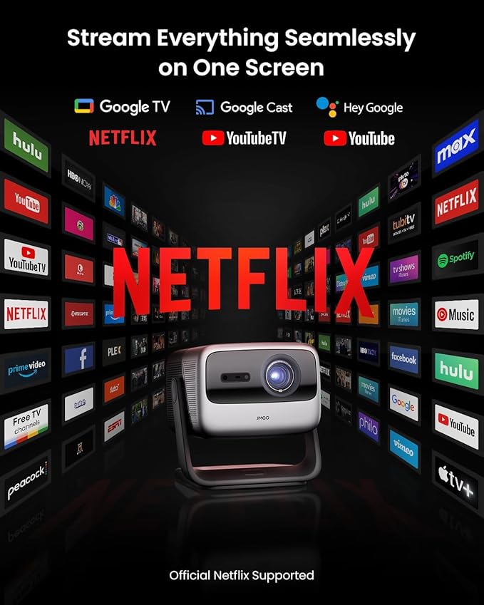 JMGO N1S Ultimate Triple Laser 4K Projector, 3300 ISO Lumens Projector, Google TV Netflix, Real-Time Auto Screen Fit, HDR10, 180", Blu-ray 3D, Home Theater Projector with 20W Dolby Digital+