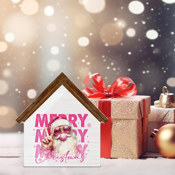 Pink Santa Christmas Decor, Funny Santa Blowing Bubble With Sunglasses House Shaped Wood Sign, Merry Christmas Home Decorations