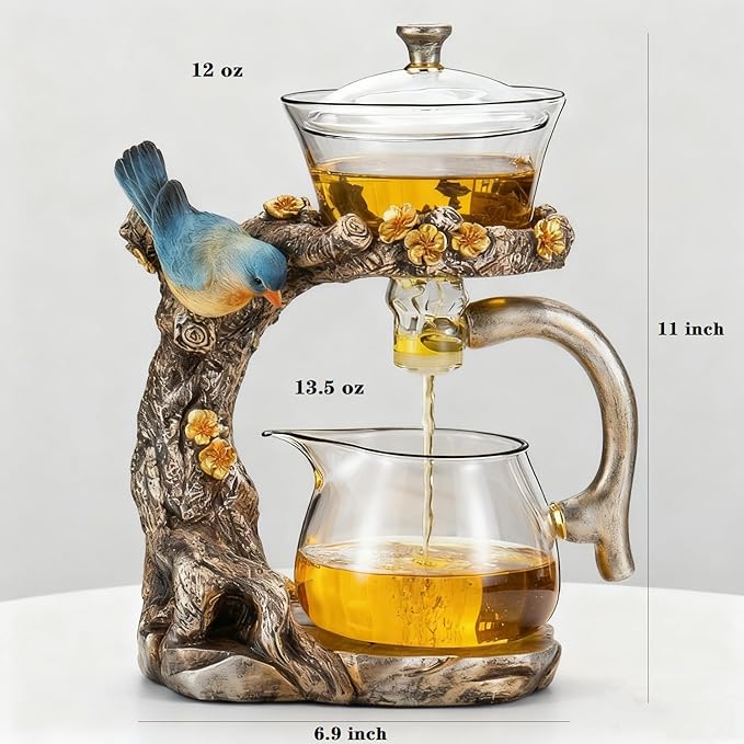 Lazy Kungfu Glass Tea Set Heat Resistant Semi Automatic Drip Rotating with Infuser Magnetic Teapot Set for Gongfu Tea Making Ideal (Blue Bird)