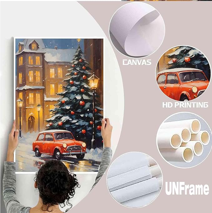 Canvas Wall Art Snowy Christmas tree and red car art print Christmas in the city classic timeless red car snow cosy winters day 32x48in-UnFramed