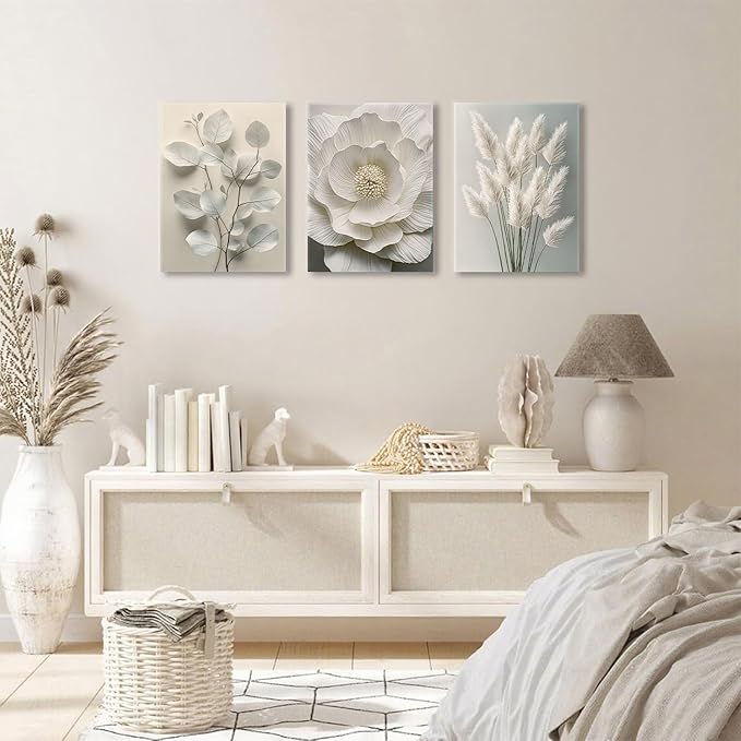 TUEASKY 3 Piece Canvas Wall Art Beige Wall Decor Flower Pictures Floral Art Prints Neutral Botanical Paintings Minimalist Artwork For Bedroom Living Room Office