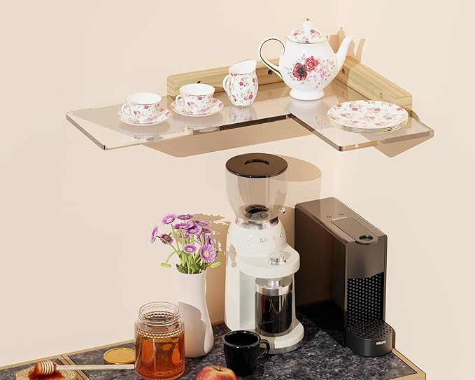 Acrylic Floating Shelves with Solid Wood Base, Wall Mounted Shelf for Plants, Perfume, Nail Polish, Bathroom, Bedroom & Living Room Décor