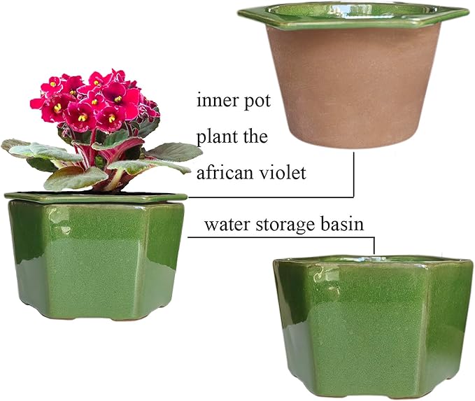 African Violet Pots 6 inch Hexagon Self-Watering Ceramic Pots 4.50'' Opening(Green)