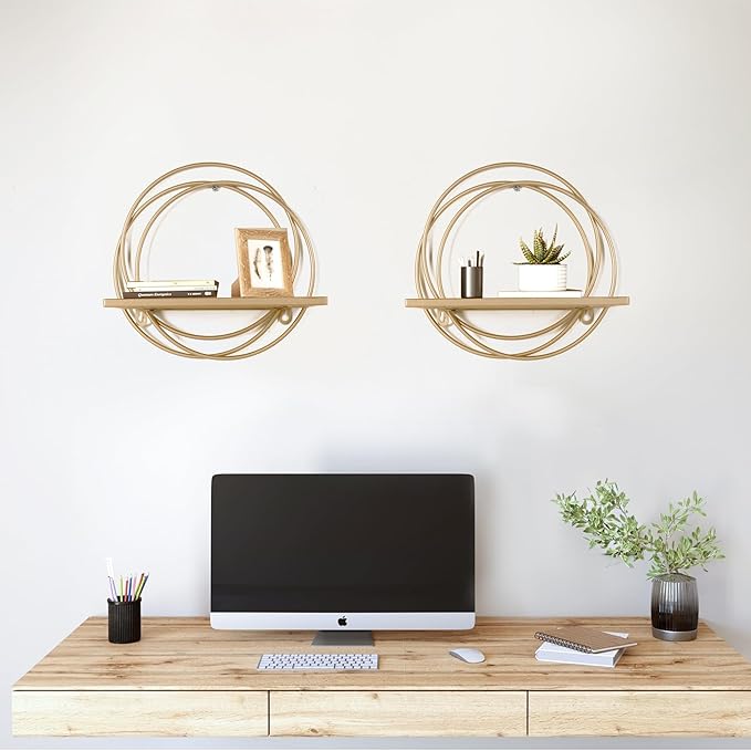 Oakrain Small Floating Shelves Set of 2, 11" Gold Wall Mounted Hanging Shelf with Metal Frame Wood Round Wall Shelves for Storage, Living Room Decor, Bathroom, Kitchen, Bedroom, Office