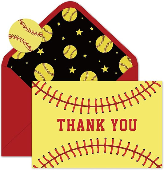 Whaline 24 Pack Softball Thank You Cards Greeting Cards Red Black Yellow Sports Theme Blank Note Card with Envelopes Stickers for Sports Fans Game Party Birthday, 4 x 6 Inch