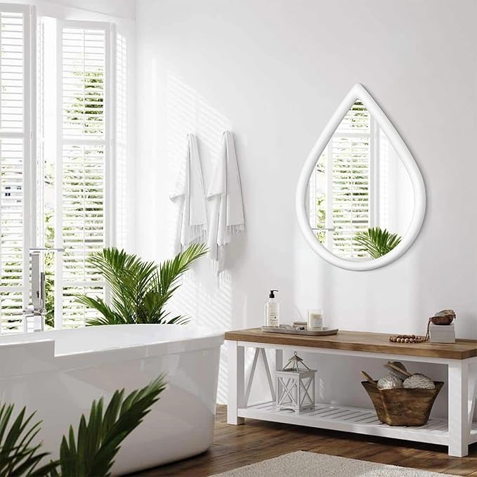 White Vintage Mirror Teardrop Wall Hanging Mirror Wood Frame 26 X 18 Inch Wall Mirrors Decorative for Entryway Living Room Bathroom Hallway Home Decor