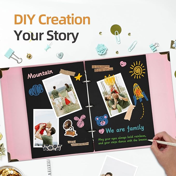 Vienrose DIY Scrapbook Photo Album Kit with Pens Tapes and Stickers 60 Pages Hardcover 8.5x11 Inches 3 Rings Removable Black Paper Scrapbooking for Lover Friends Kids Wedding Pink