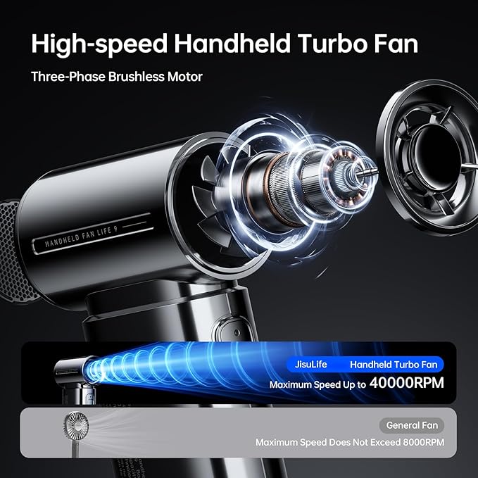 JISULIFE Portable Handheld Fan Life9, Turbo Power High Speed Air [18H Max Cooling Time], 5 Gear Wind, 5000mAh Rechargeable, Mini Pocket Design, Personal Fan for Travel Concerts Camping Makeup - Chrome