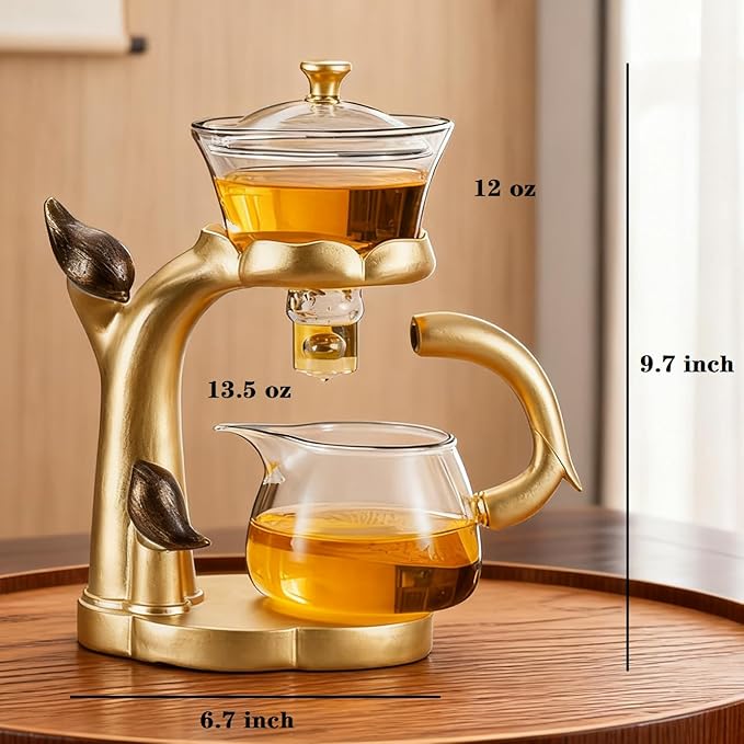 Lazy Kungfu Glass Tea Set Heat Resistant Semi Automatic Drip Rotating with Infuser Magnetic Teapot Set for Gongfu Tea Making Ideal (Gold)