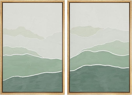 SIGNWIN Framed Wall Art Print Set Green Gradient Wave Landscapes Abstract Shapes Illustrations Modern Art Bohemian Relax/Calm Multicolor for Living Room, Bedroom, Office - 16"x24"x2 Natural