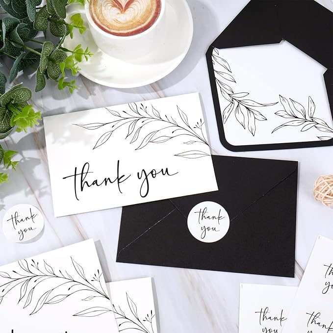 JarThenaAMCS 24 Pack Minimalist Thank You Cards Blank Greeting Cards With Envelopes Stickers Black Leaves Branches Note Card for Wedding Birthday Supplies