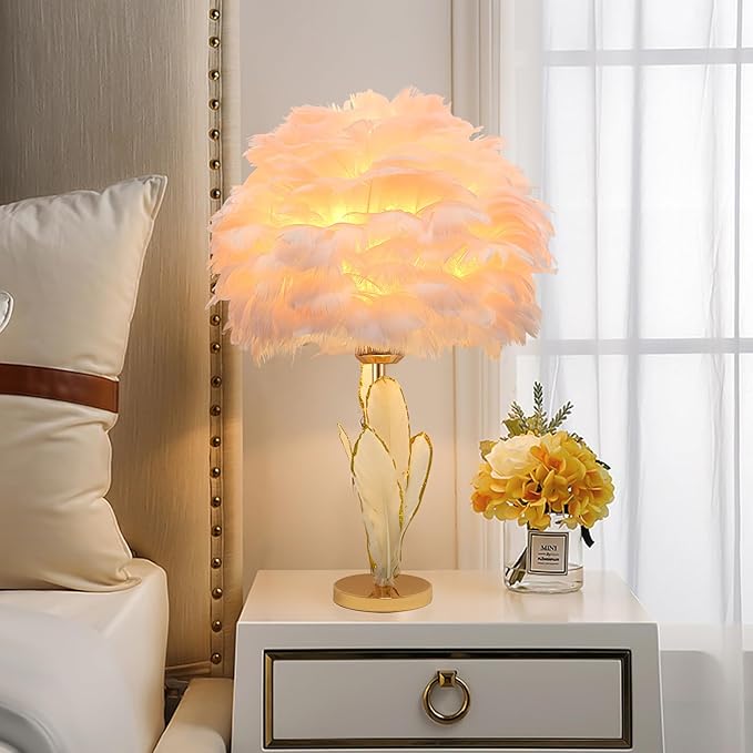 Pink Feather Lamp Goose Furry Table Lamp Princess Modern Fluffy Pink Desk Lamp Romantic Bedside Nightstand Light for Girl Bedroom Wedding Decor Living Room Entryway Christmas Gift
