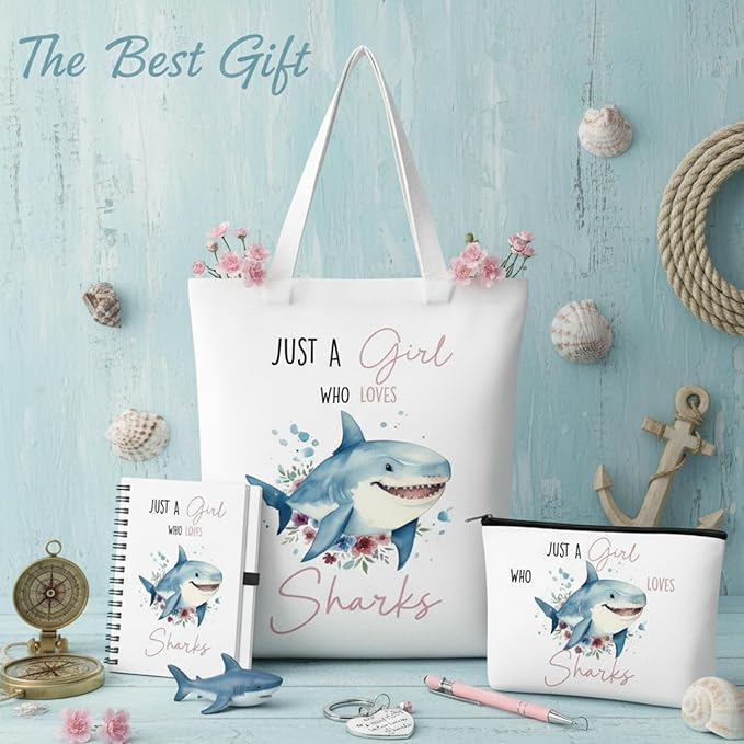 Ceenna 5 Pcs Shark Gifts for Women, Just a Girl Who Loves Shark Cosmetic Makeup Bag, Canvas Bag, A6 Spiral Notebook Lined Journal, Writing Gel Ink Pen and Funny Keychain for Girl Animal Lovers Gift