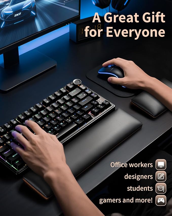 ASFSKY Keyboard and Mouse Wrist Rest Set – Ergonomic Wooden Wrist Support Pad with PU Leather & Memory Foam, Anti-Slip Rubber Base Wrist Cushion for Gaming, Office & Typing Pain Relief